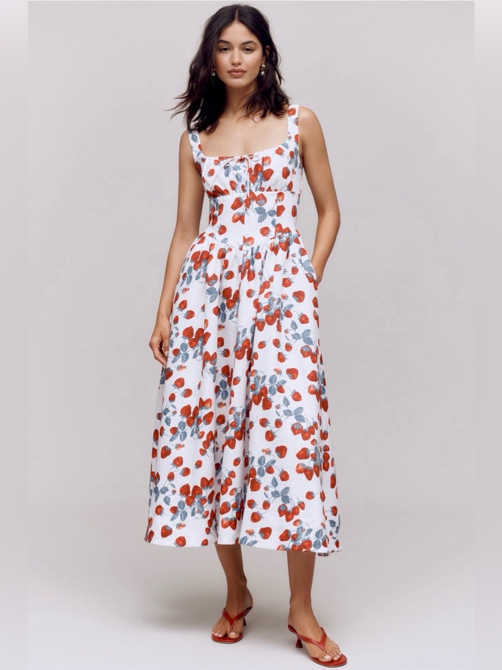 Reformation Balia Linen Basque-Waist Midi Dress | Strawberry Print | Size 2
